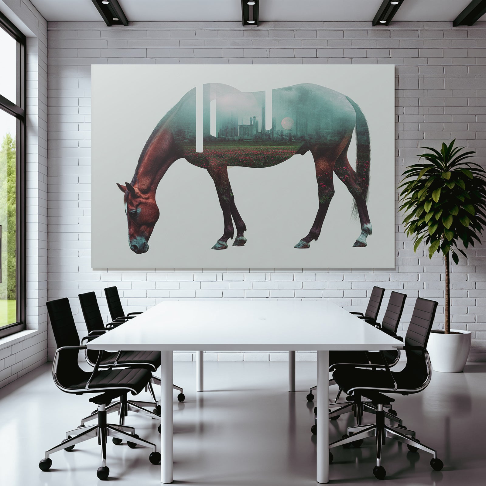 Pferd Doppelte Ueberlagerung Natur Und Stadtlandschaft