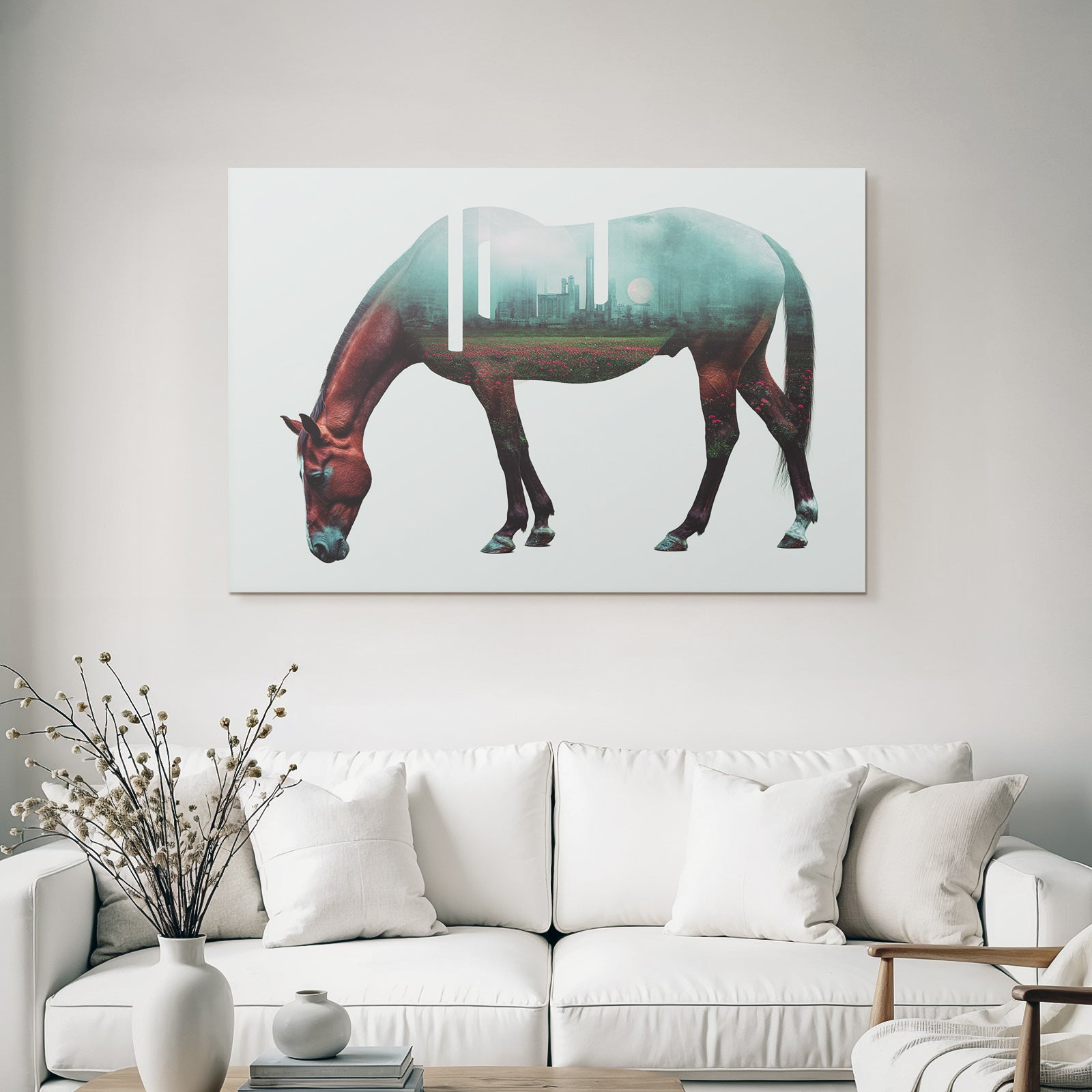 Pferd Doppelte Ueberlagerung Natur Und Stadtlandschaft