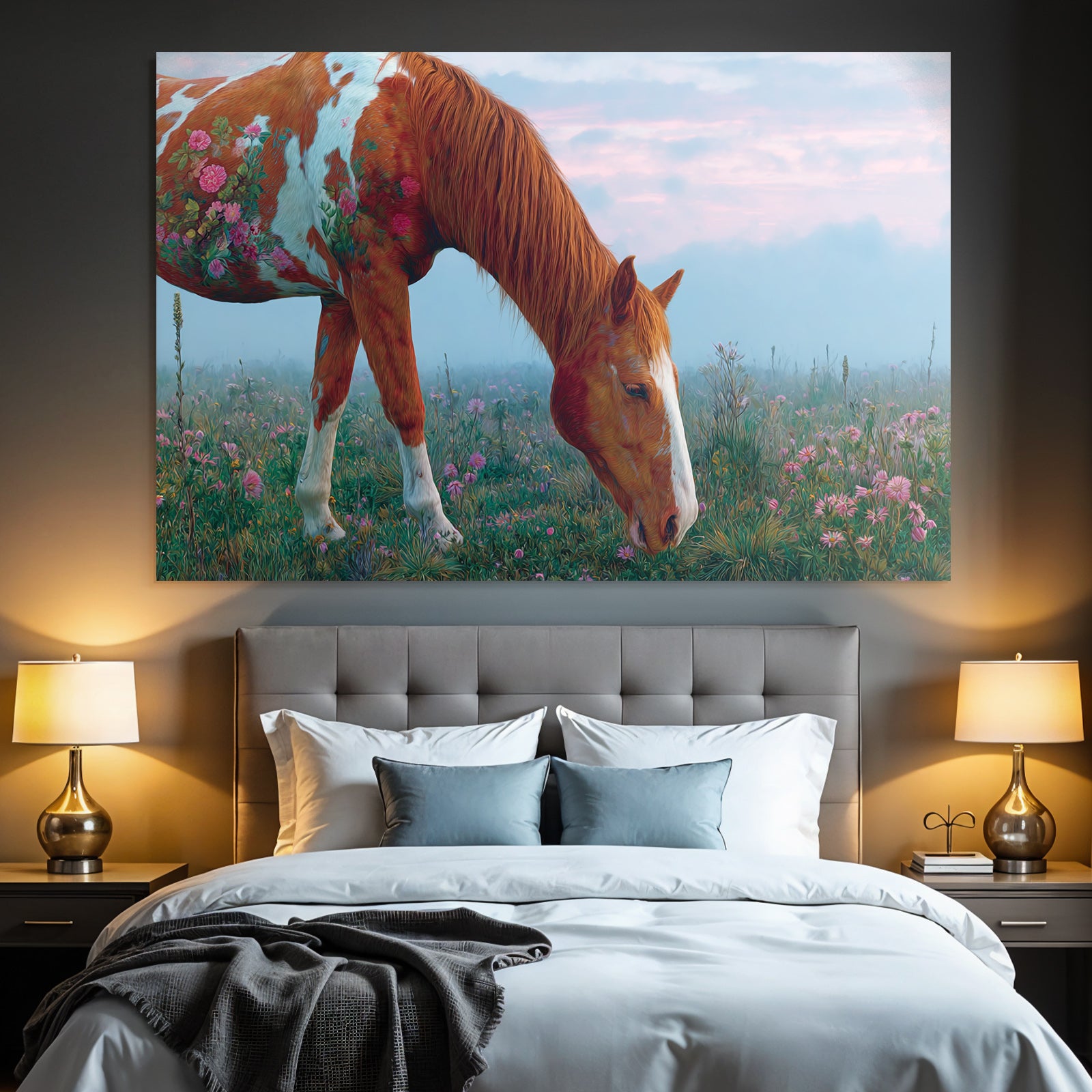 Pferd Mit Blumen Im Feld Im Fantasievollen Kunststil Mystische Atmosphaere
