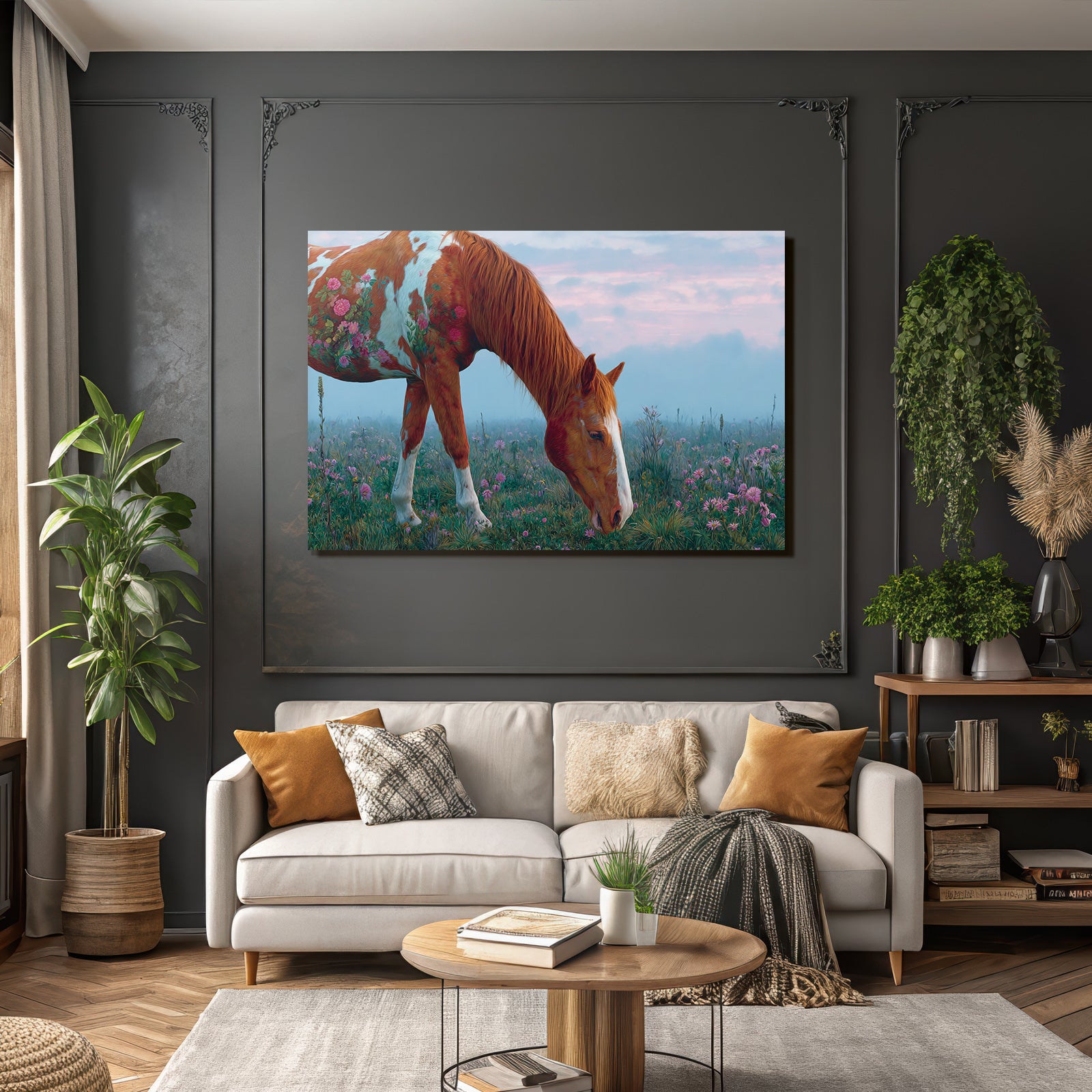 Pferd Mit Blumen Im Feld Im Fantasievollen Kunststil Mystische Atmosphaere