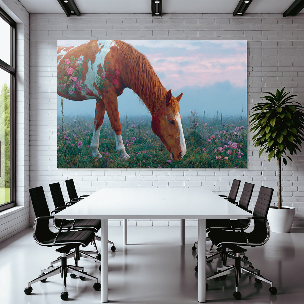 Pferd Mit Blumen Im Feld Im Fantasievollen Kunststil Mystische Atmosphaere