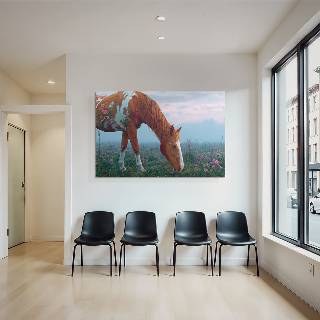 Pferd Mit Blumen Im Feld Im Fantasievollen Kunststil Mystische Atmosphaere