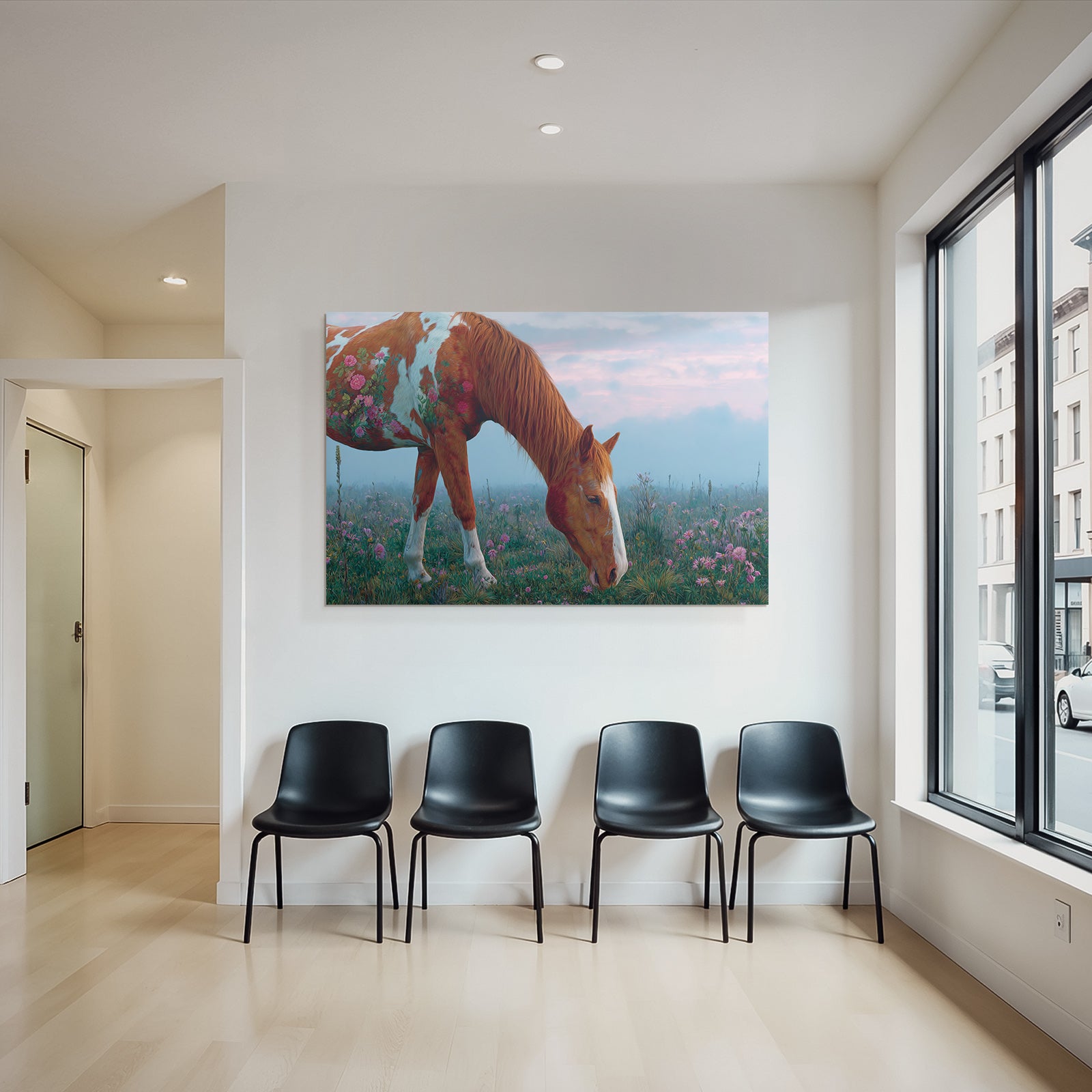 Pferd Mit Blumen Im Feld Im Fantasievollen Kunststil Mystische Atmosphaere