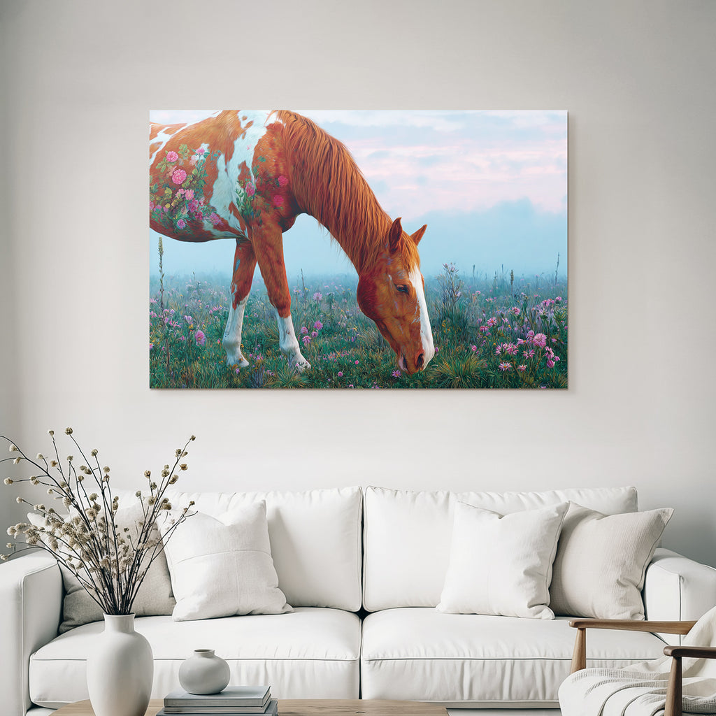 Pferd Mit Blumen Im Feld Im Fantasievollen Kunststil Mystische Atmosphaere