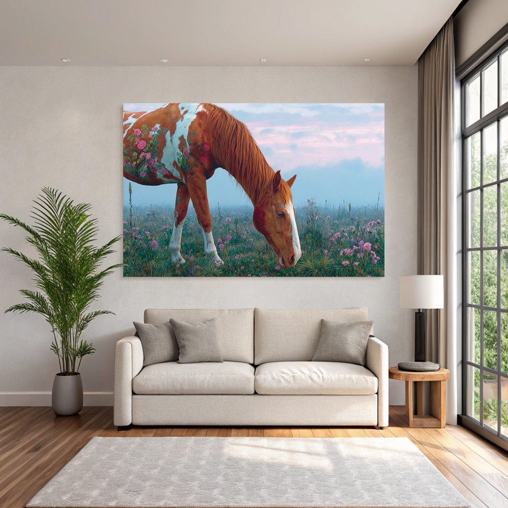 Pferd Mit Blumen Im Feld Im Fantasievollen Kunststil Mystische Atmosphaere