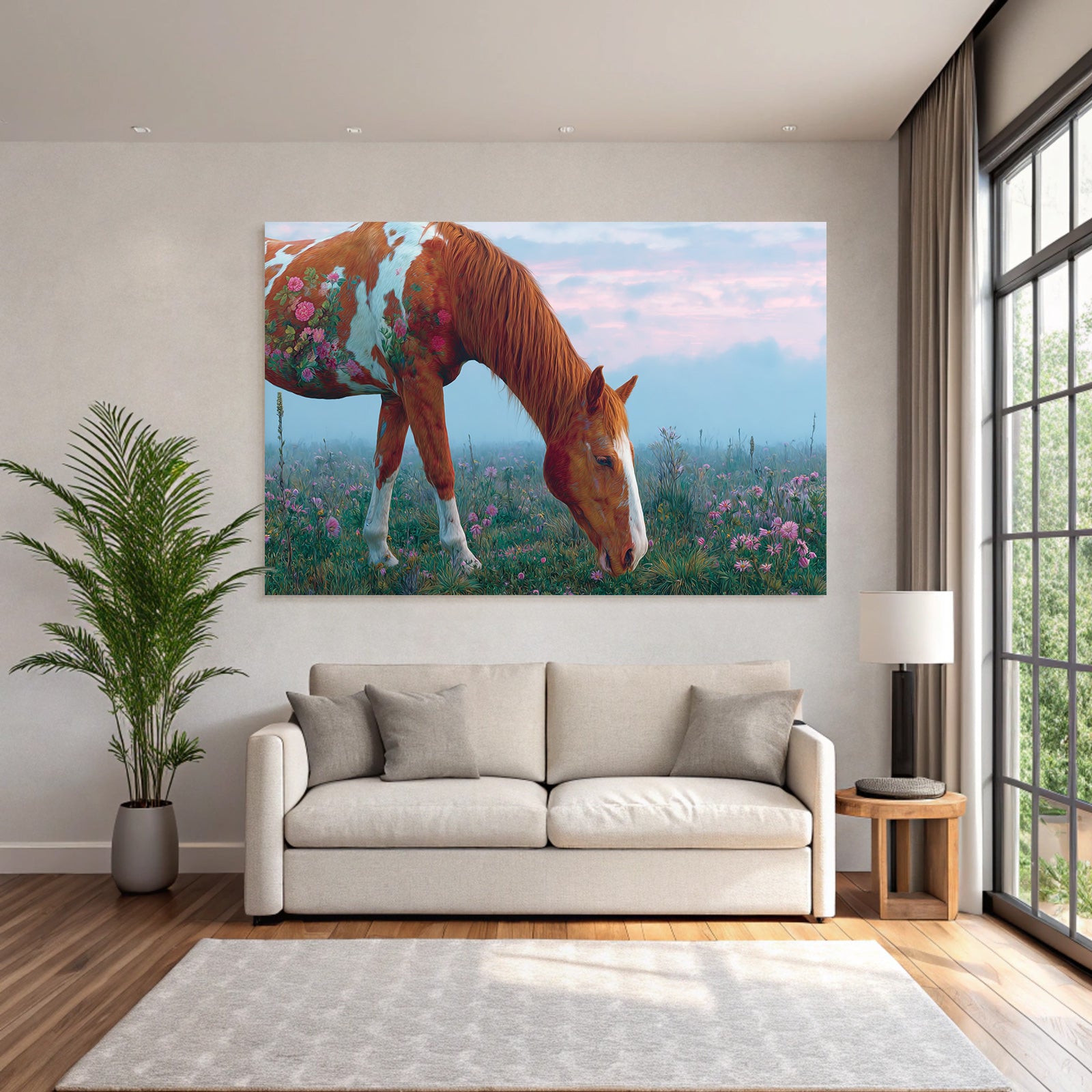 Pferd Mit Blumen Im Feld Im Fantasievollen Kunststil Mystische Atmosphaere
