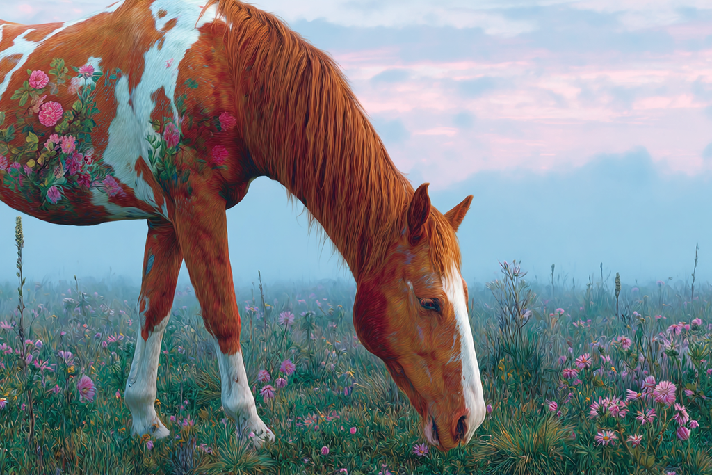 Pferd Mit Blumen Im Feld Im Fantasievollen Kunststil Mystische Atmosphaere | Collagen | Kunstgattungen
