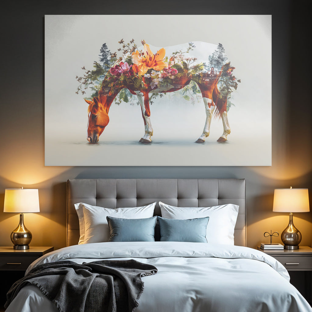 Pferd Mit Blumenlandschaft Trinkendes Wasser Kunstwerk