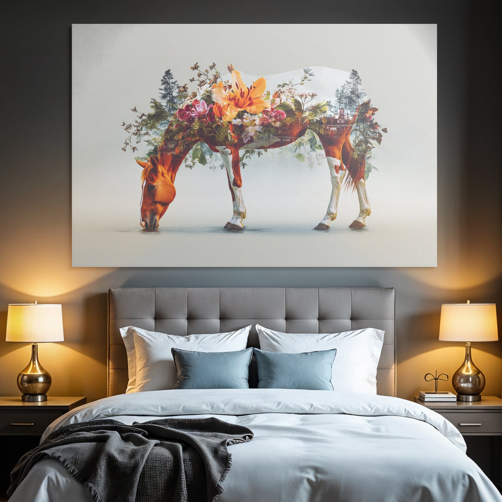 Pferd Mit Blumenlandschaft Trinkendes Wasser Kunstwerk