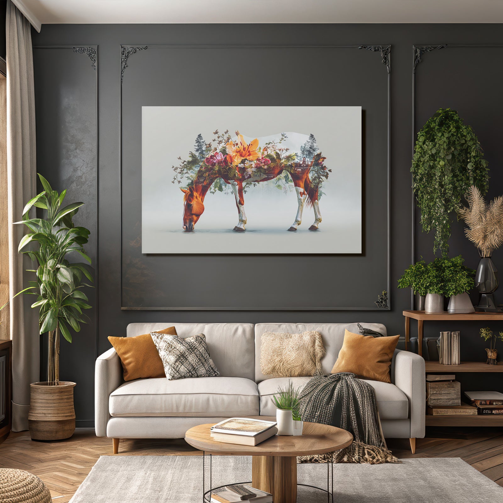 Pferd Mit Blumenlandschaft Trinkendes Wasser Kunstwerk