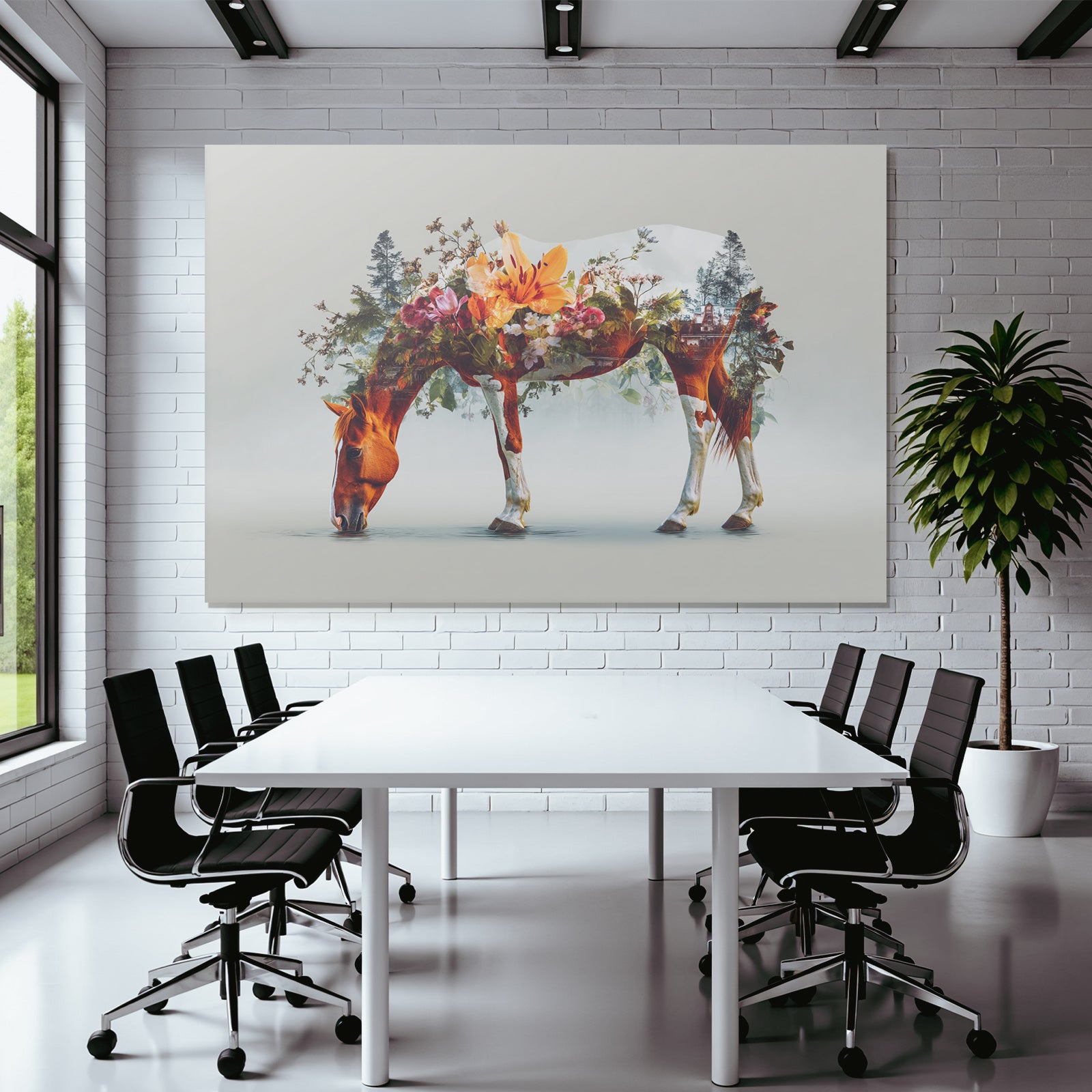 Pferd Mit Blumenlandschaft Trinkendes Wasser Kunstwerk