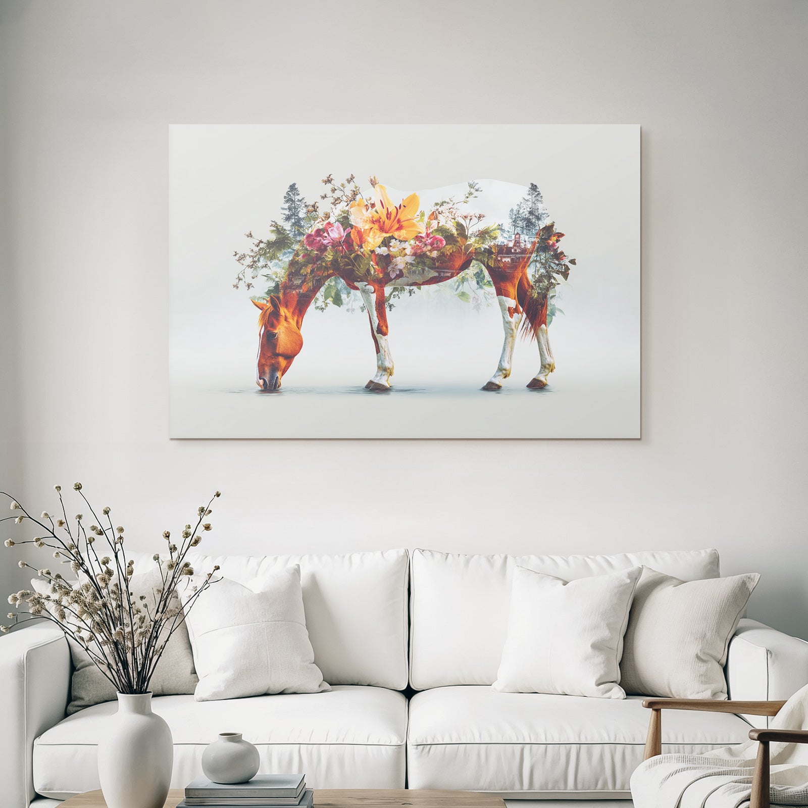 Pferd Mit Blumenlandschaft Trinkendes Wasser Kunstwerk