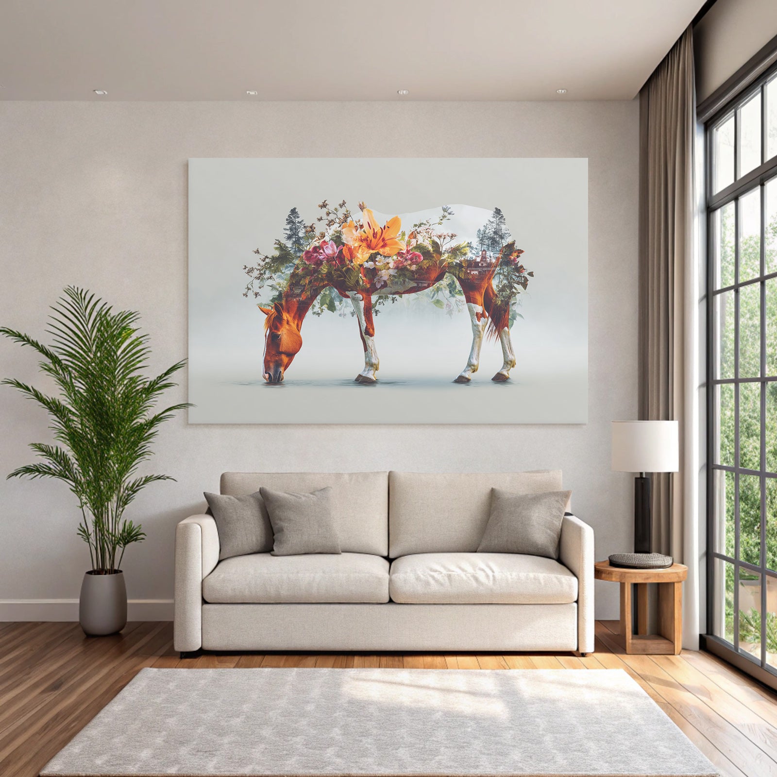 Pferd Mit Blumenlandschaft Trinkendes Wasser Kunstwerk