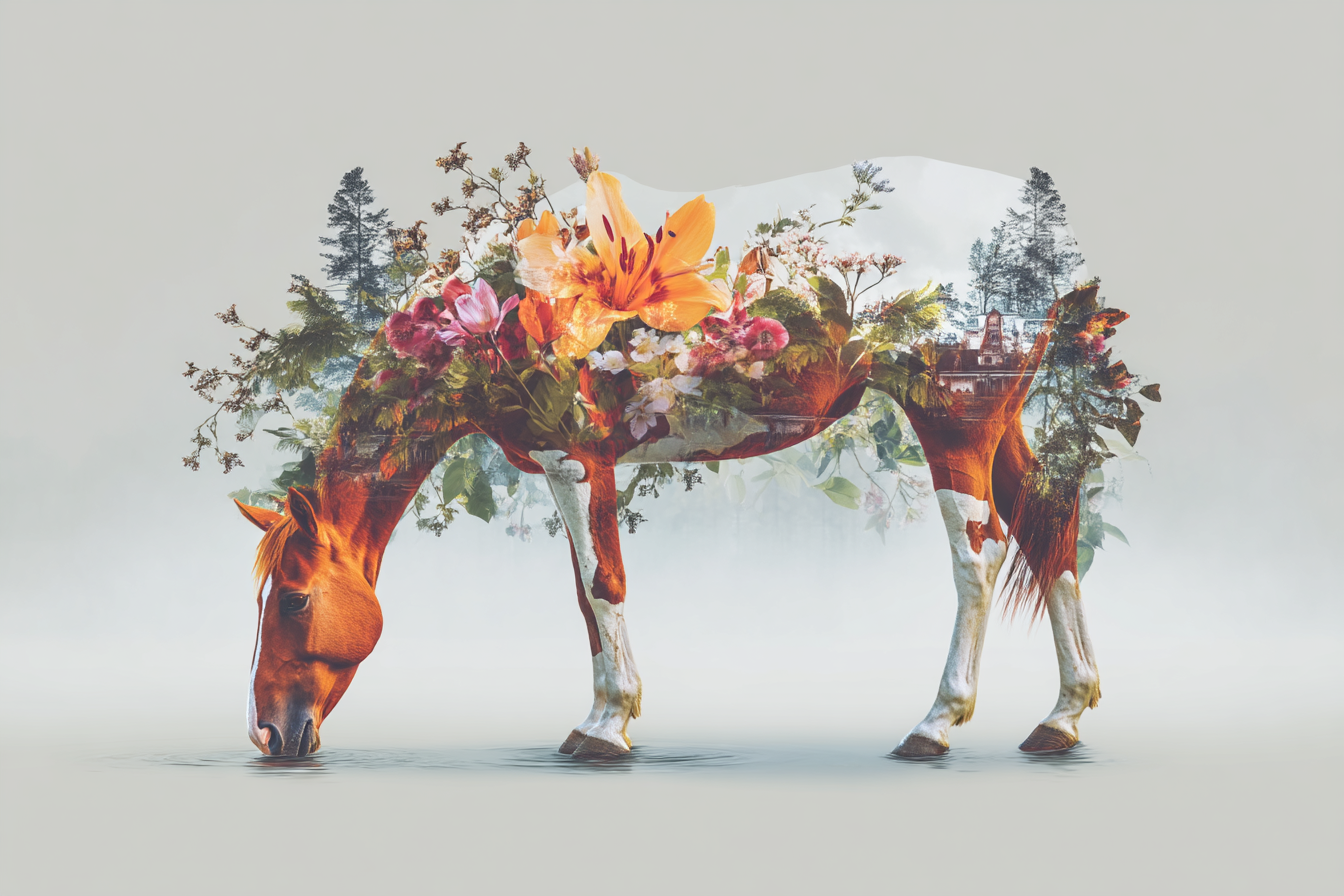 Pferd Mit Blumenlandschaft Trinkendes Wasser Kunstwerk | Collagen | Kunstgattungen