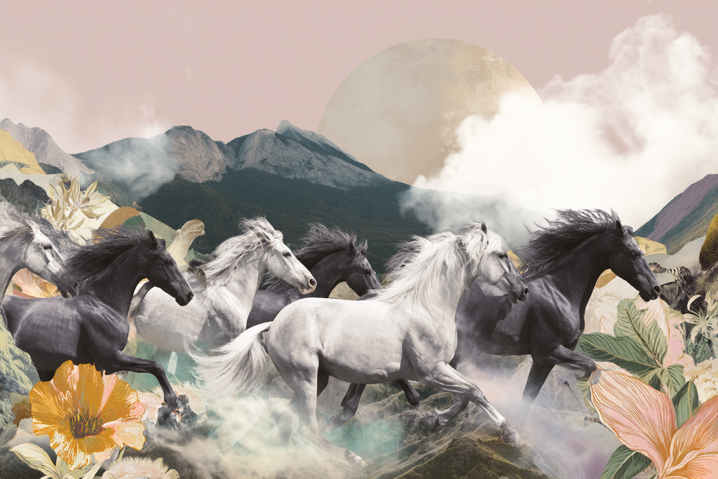 Pferde Im Szenischen Landschaft Collage Pastellfarben | Collagen | Kunstgattungen