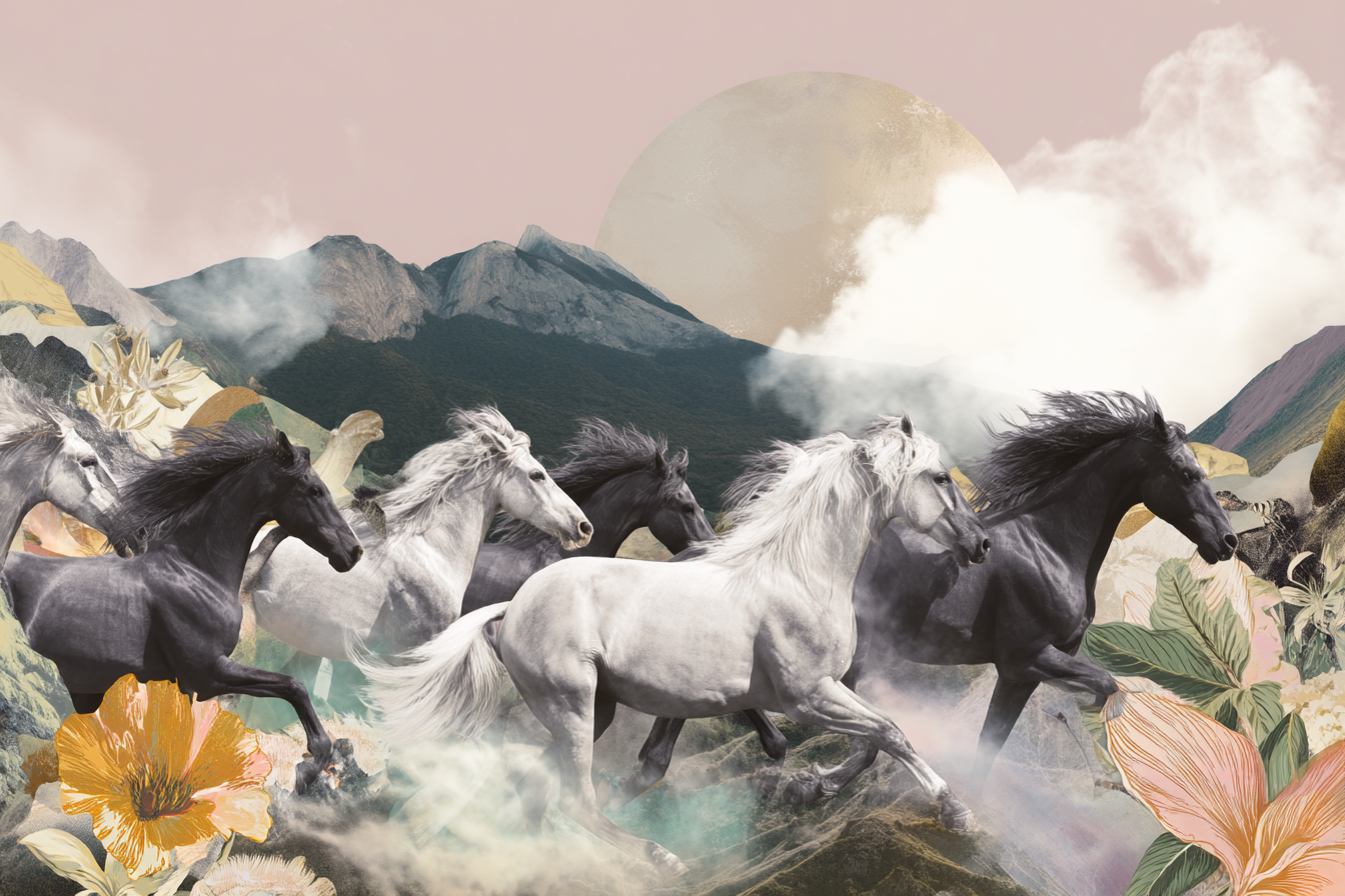Pferde Im Szenischen Landschaft Collage Pastellfarben | Collagen | Kunstgattungen