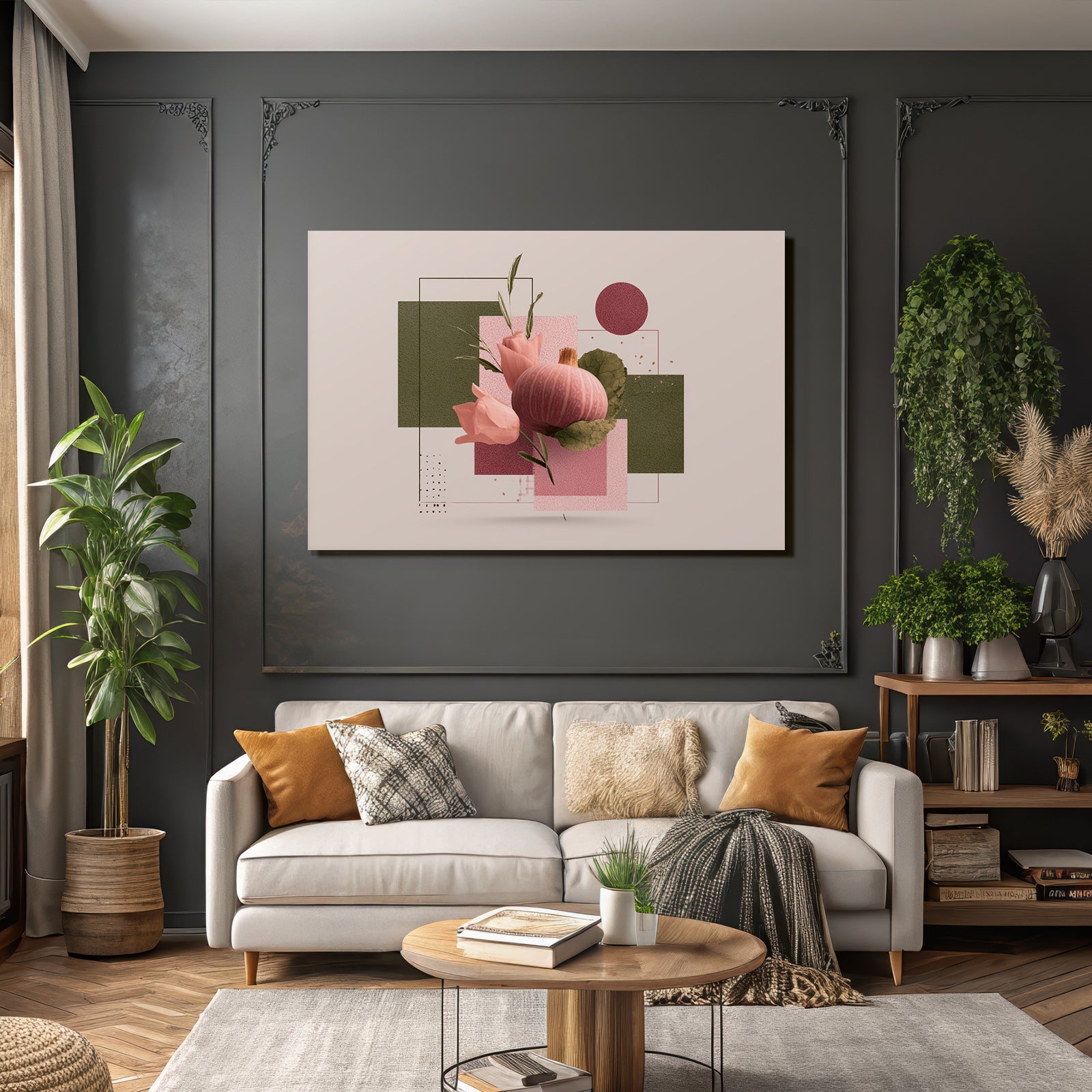 Pink Kuerbis Und Blumen Moderne Kunst Geometrische Hintergrund
