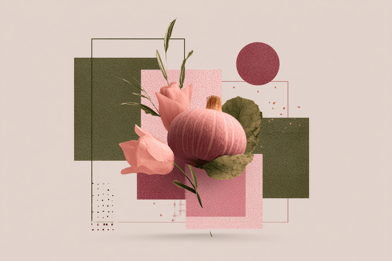 Pink Kuerbis Und Blumen Moderne Kunst Geometrische Hintergrund | Collagen | Kunstgattungen
