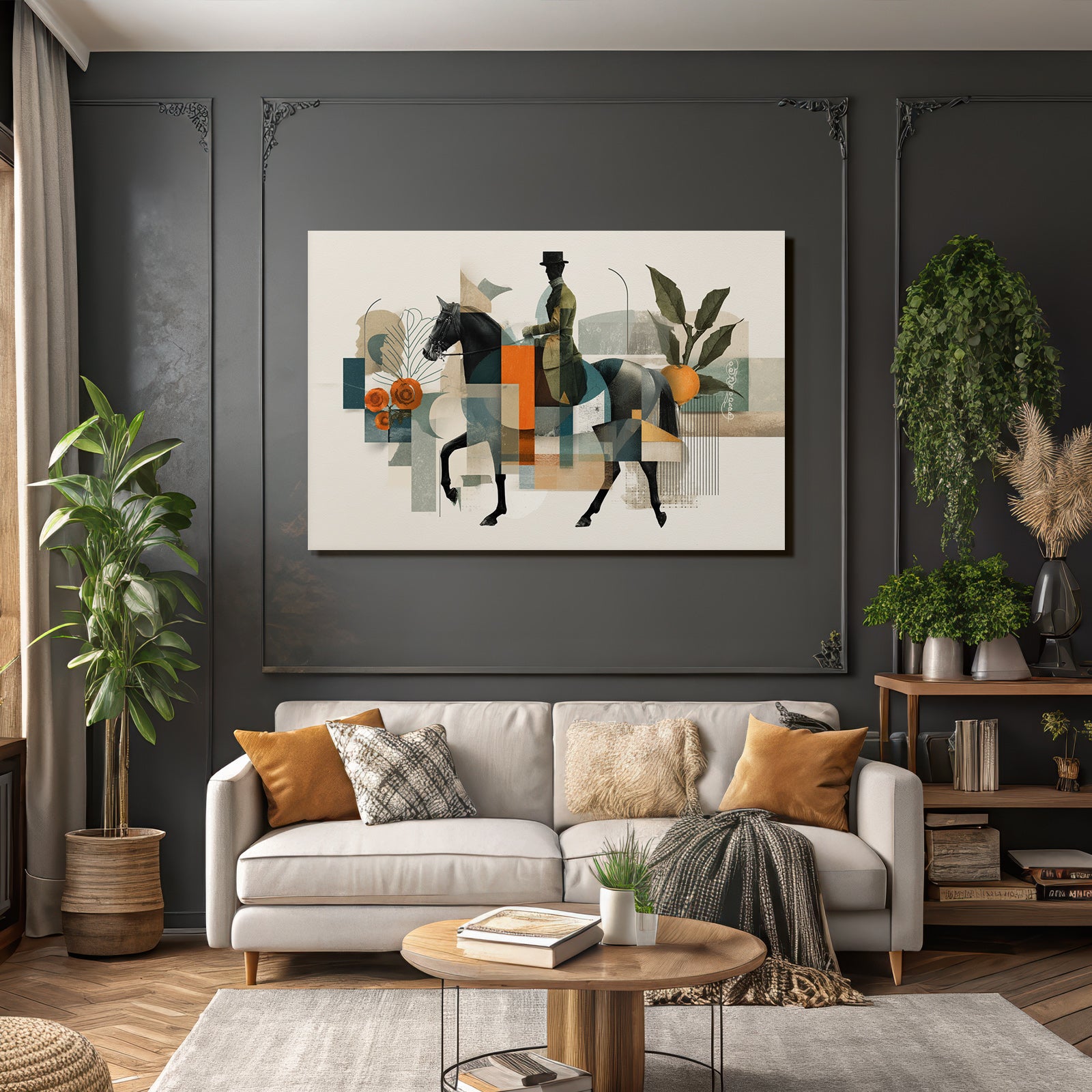 Reiter Auf Pferd Moderne Kunst Abstrakte Formen Botanische Elemente