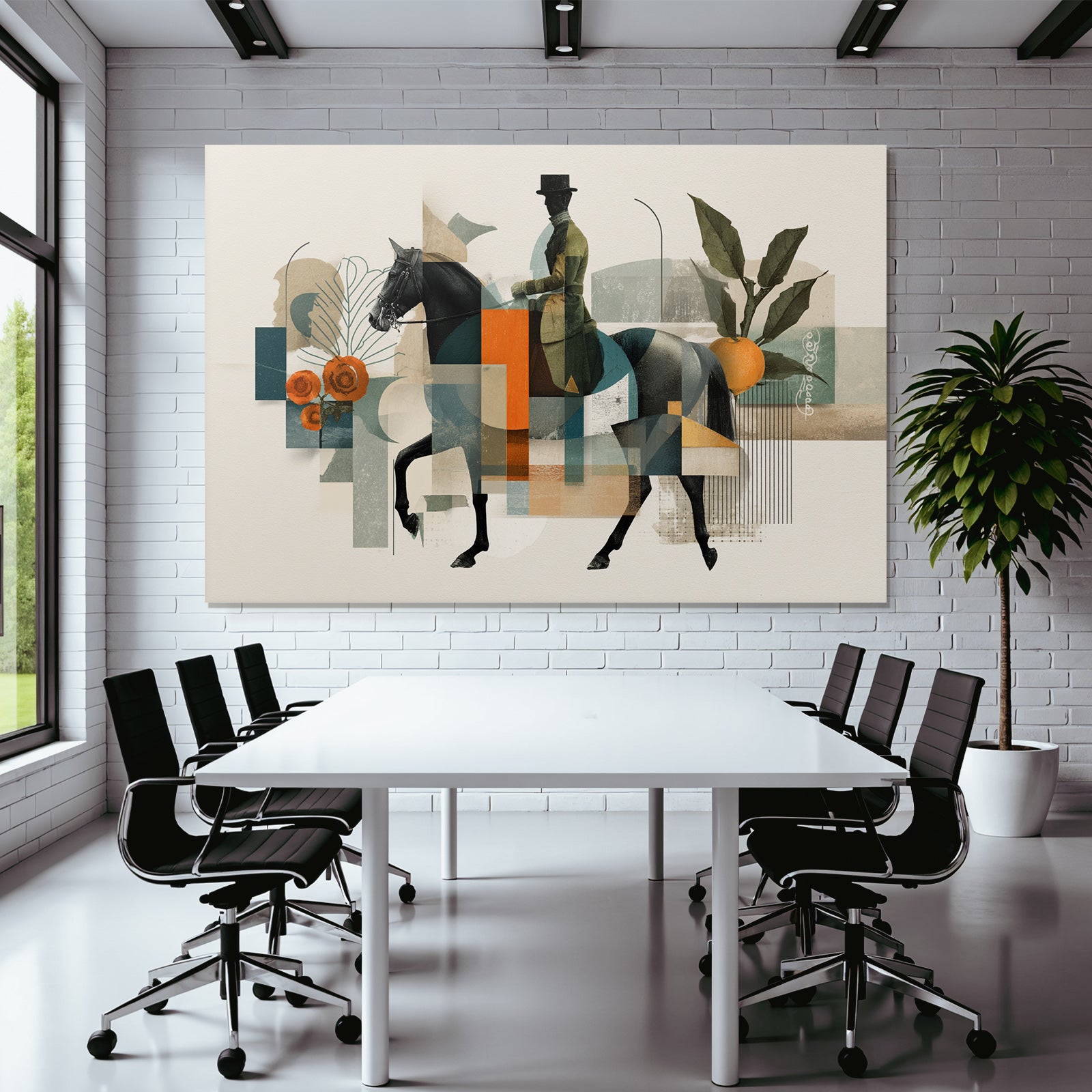 Reiter Auf Pferd Moderne Kunst Abstrakte Formen Botanische Elemente