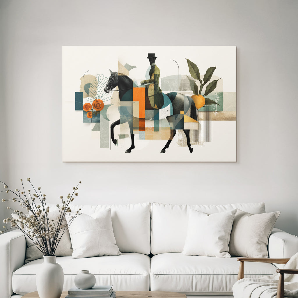 Reiter Auf Pferd Moderne Kunst Abstrakte Formen Botanische Elemente