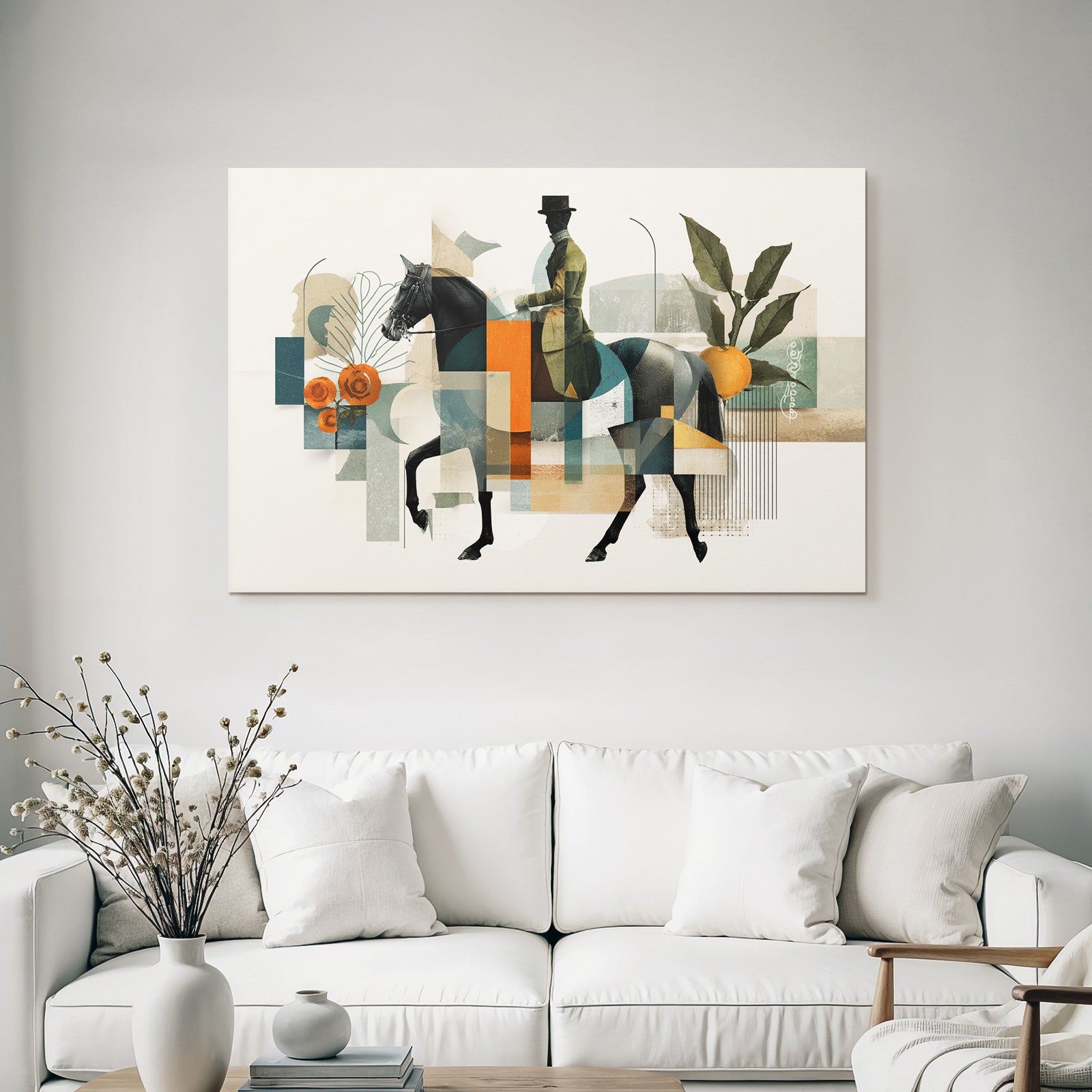 Reiter Auf Pferd Moderne Kunst Abstrakte Formen Botanische Elemente