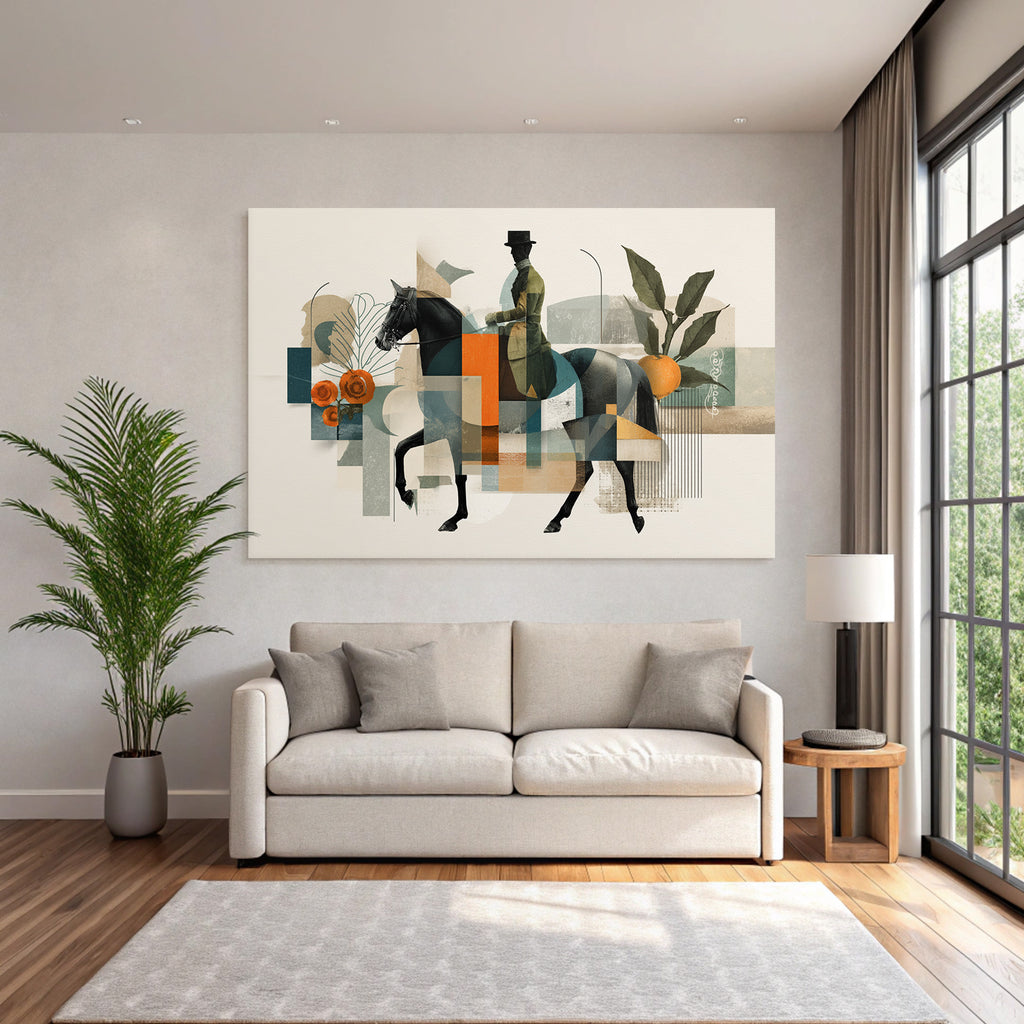 Reiter Auf Pferd Moderne Kunst Abstrakte Formen Botanische Elemente