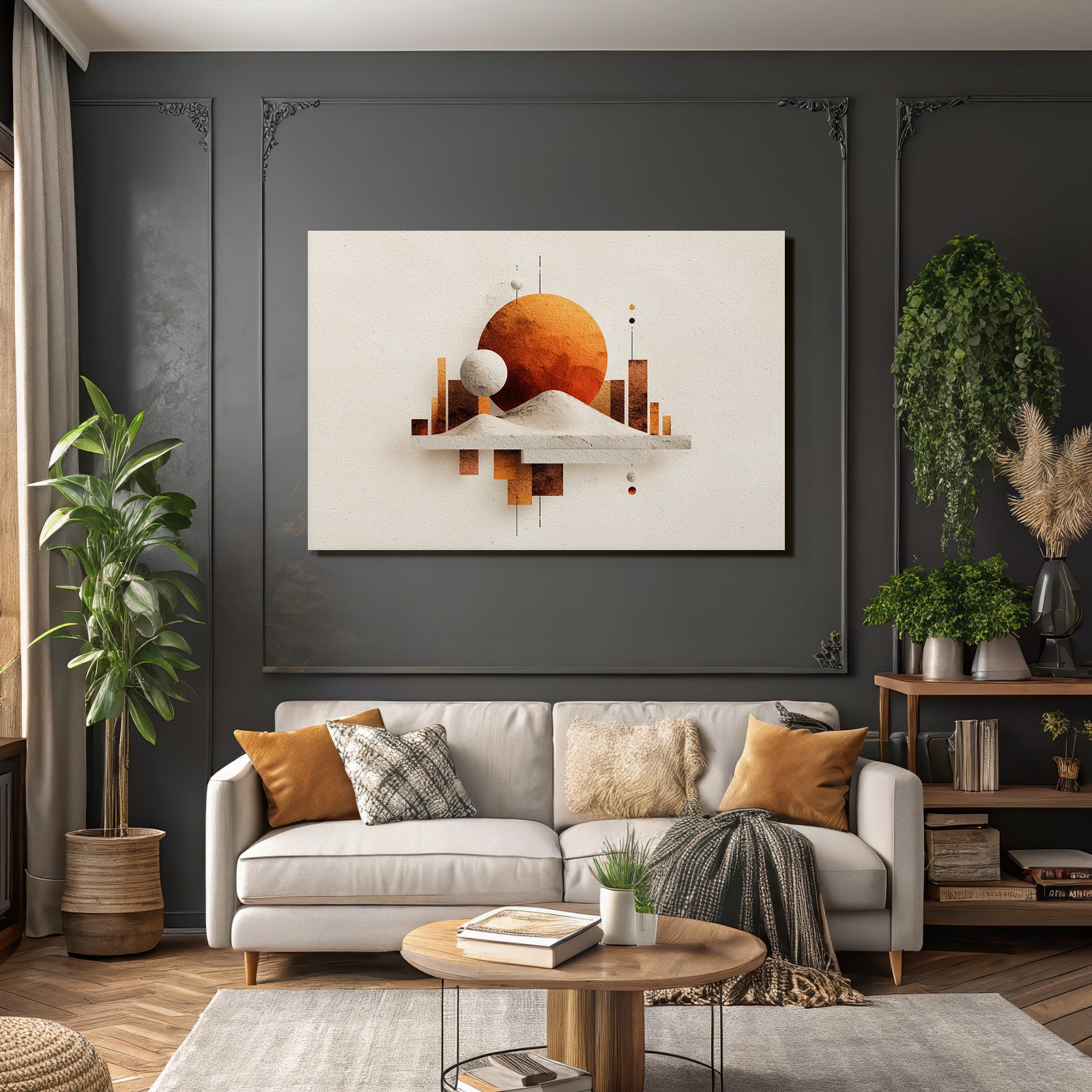 Stylisierte Abstrakte Grafik Geometrische Formen Warme Farben Surrealistische Landschaft