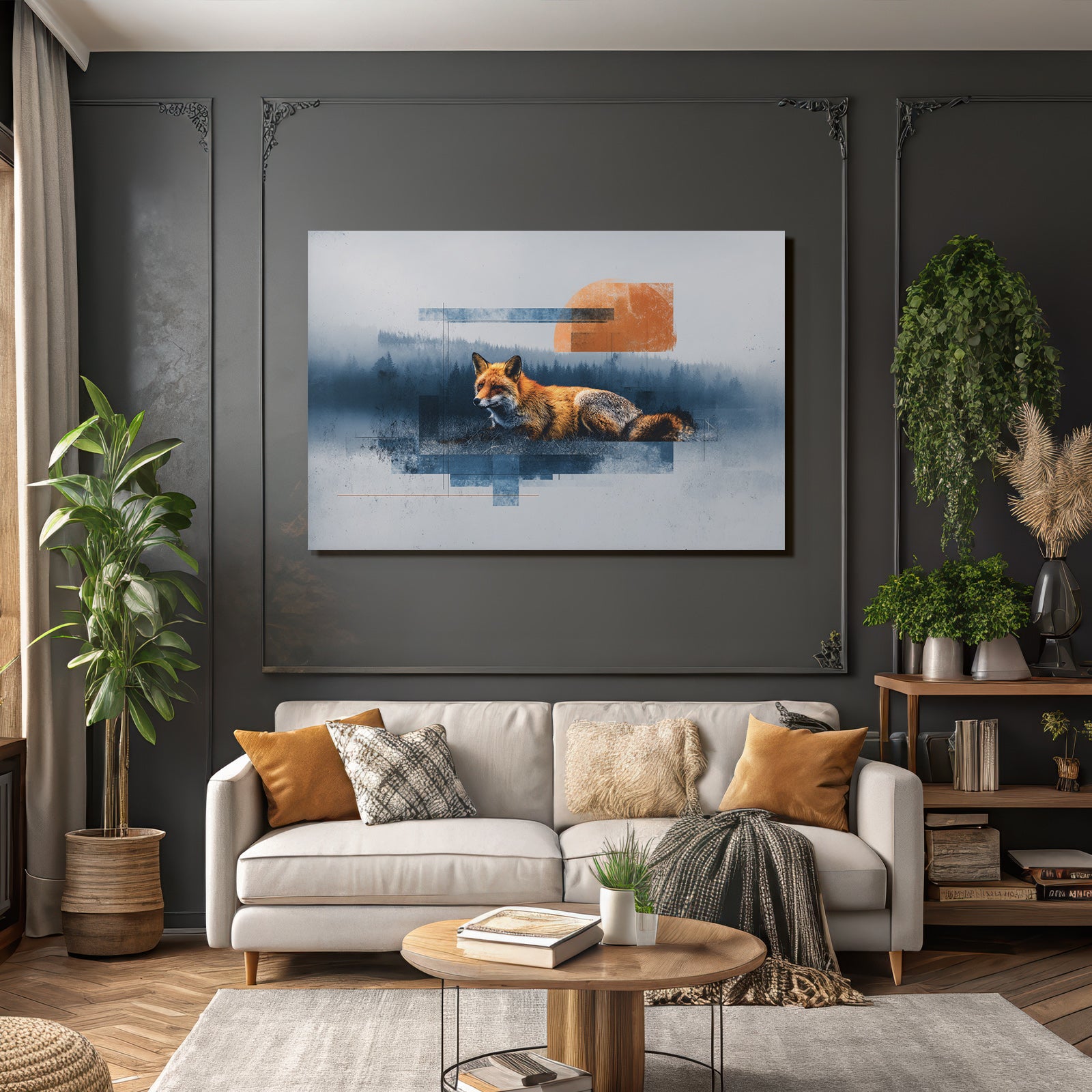 Stylisierte Fuchs Mit Geometrischen Elementen Im Wald Hintergrund
