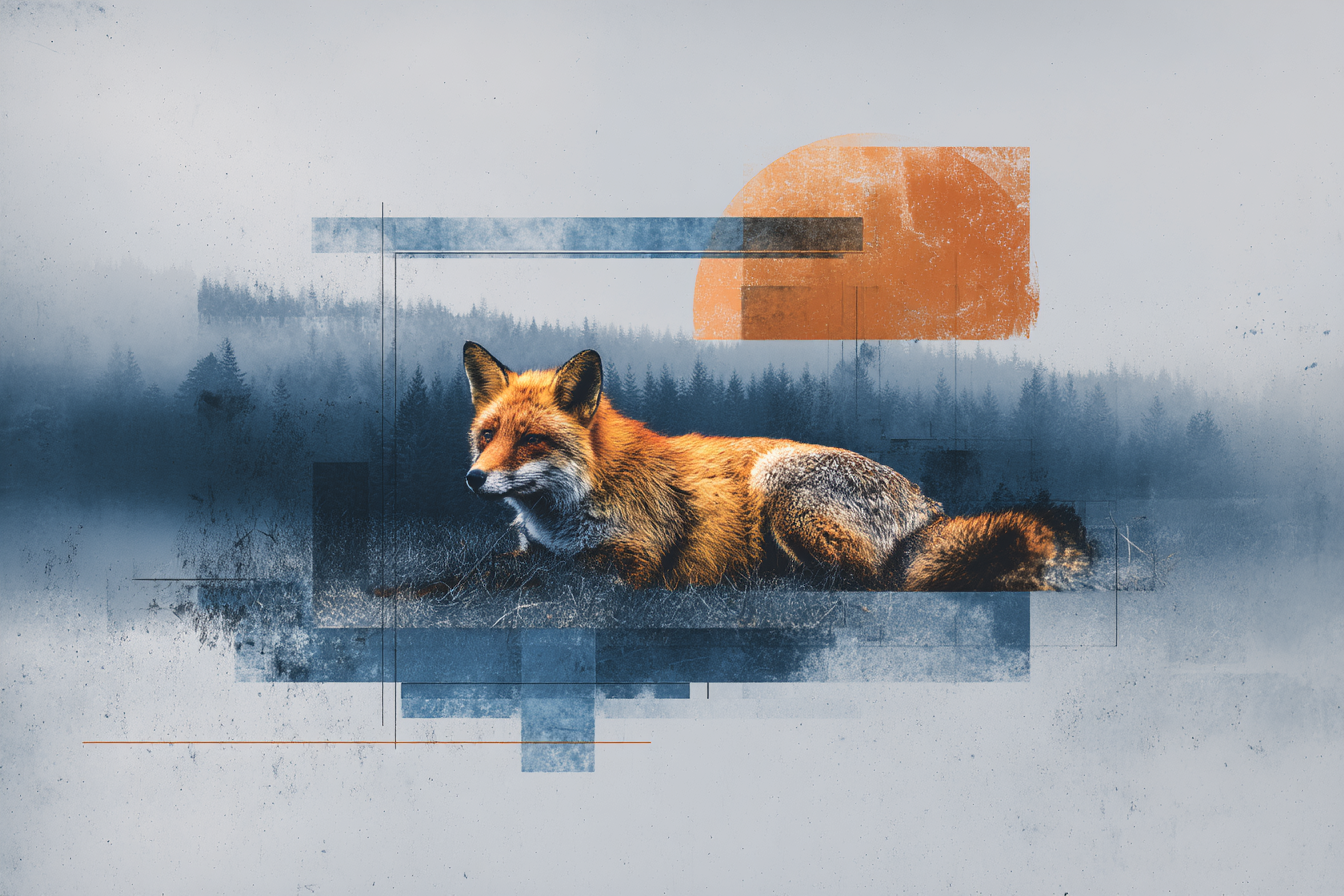 Stylisierte Fuchs Mit Geometrischen Elementen Im Wald Hintergrund | Collagen | Kunstgattungen
