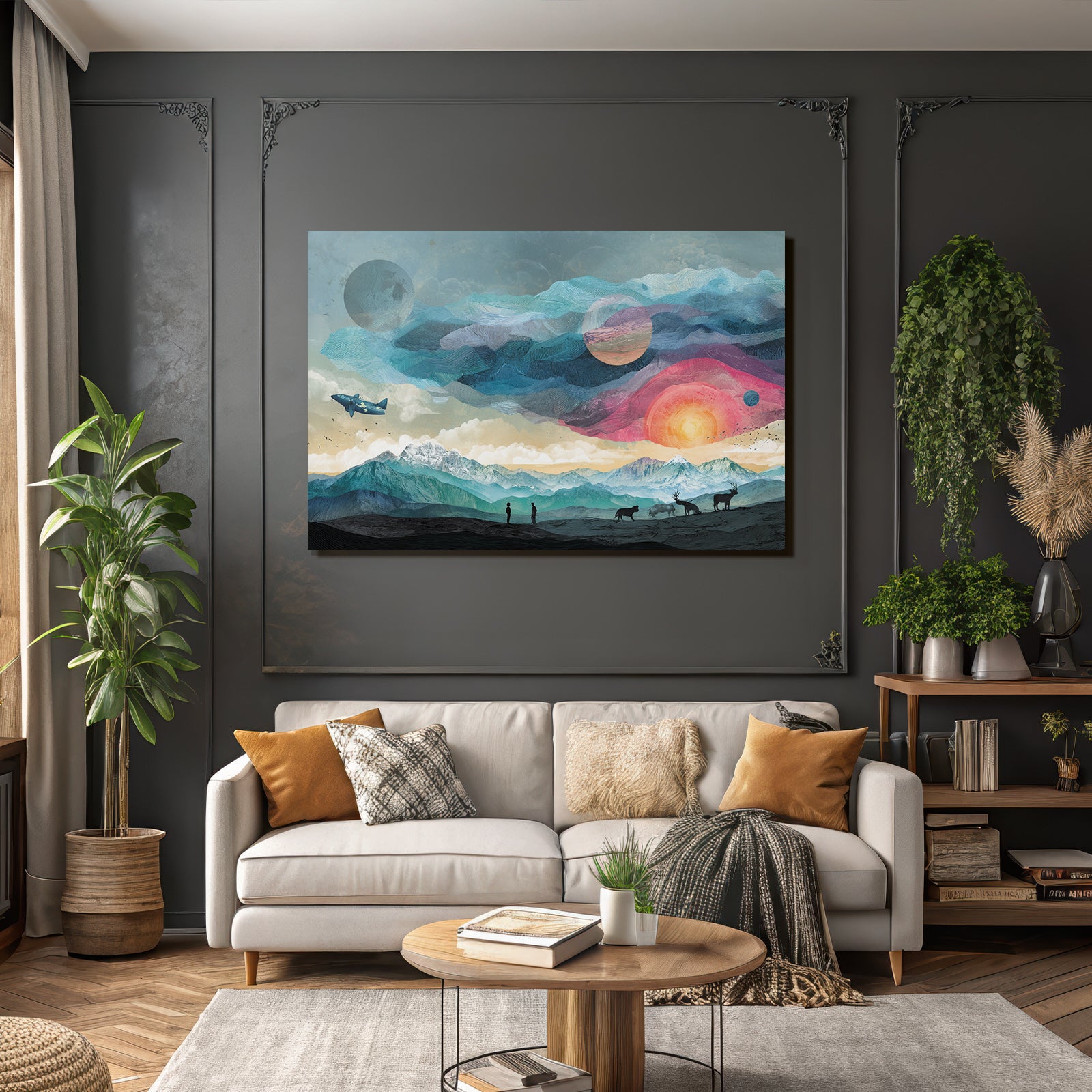 Surreale Landschaft Mit Bergen Flugzeug Planeten Und Fantasie Gestalten