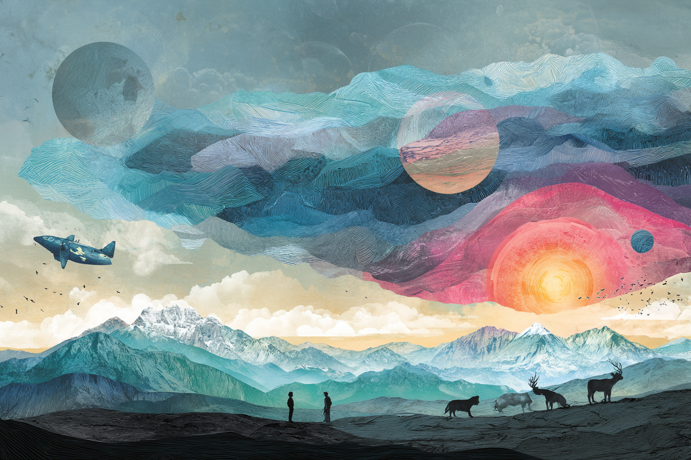 Surreale Landschaft Mit Bergen Flugzeug Planeten Und Fantasie Gestalten | Collagen | Kunstgattungen