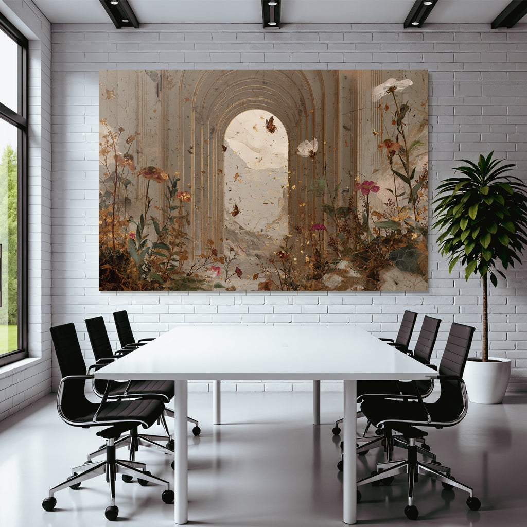 Surrealer Arkade Und Columne Umgeben Von Blumen Und Schmetterlingen
