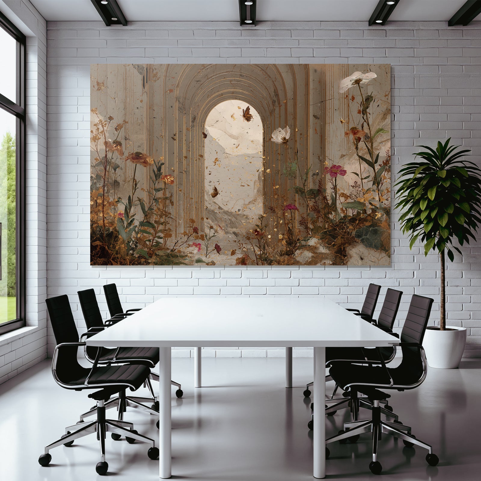 Surrealer Arkade Und Columne Umgeben Von Blumen Und Schmetterlingen