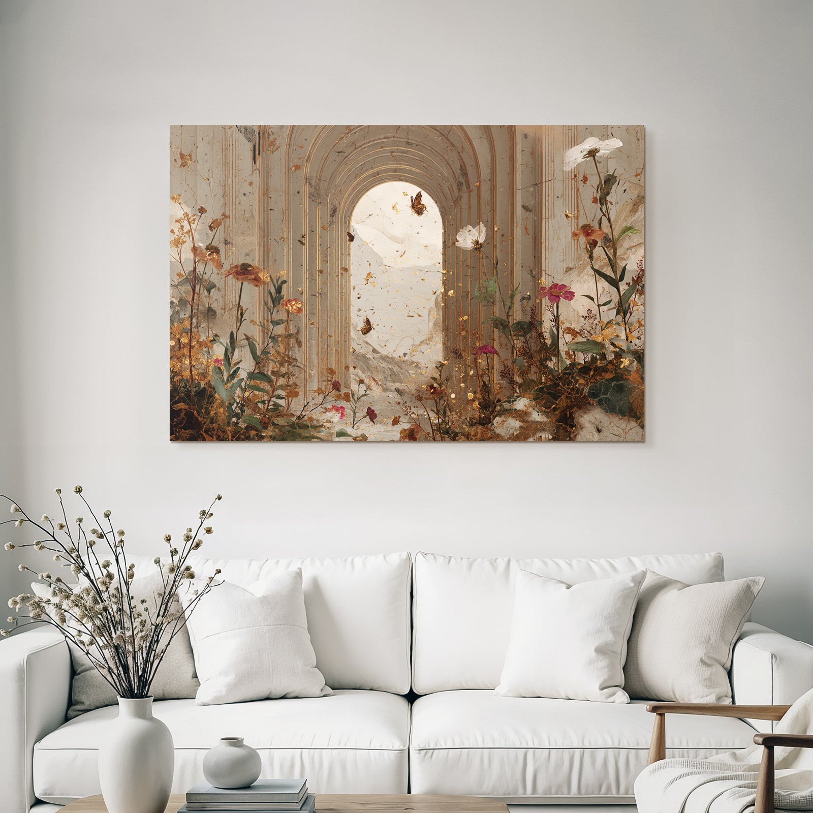 Surrealer Arkade Und Columne Umgeben Von Blumen Und Schmetterlingen