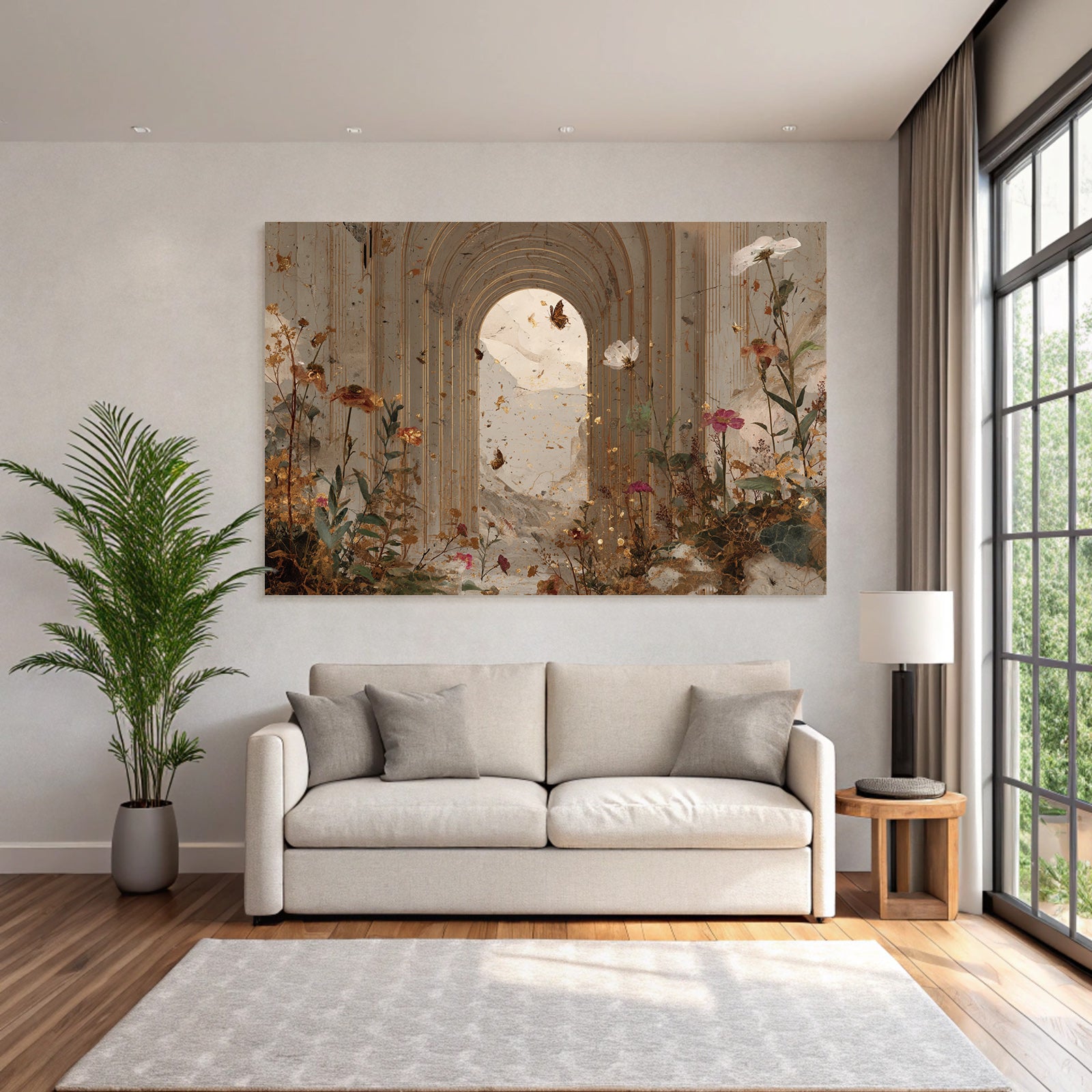 Surrealer Arkade Und Columne Umgeben Von Blumen Und Schmetterlingen