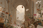Surrealer Arkade Und Columne Umgeben Von Blumen Und Schmetterlingen | Collagen | Kunstgattungen