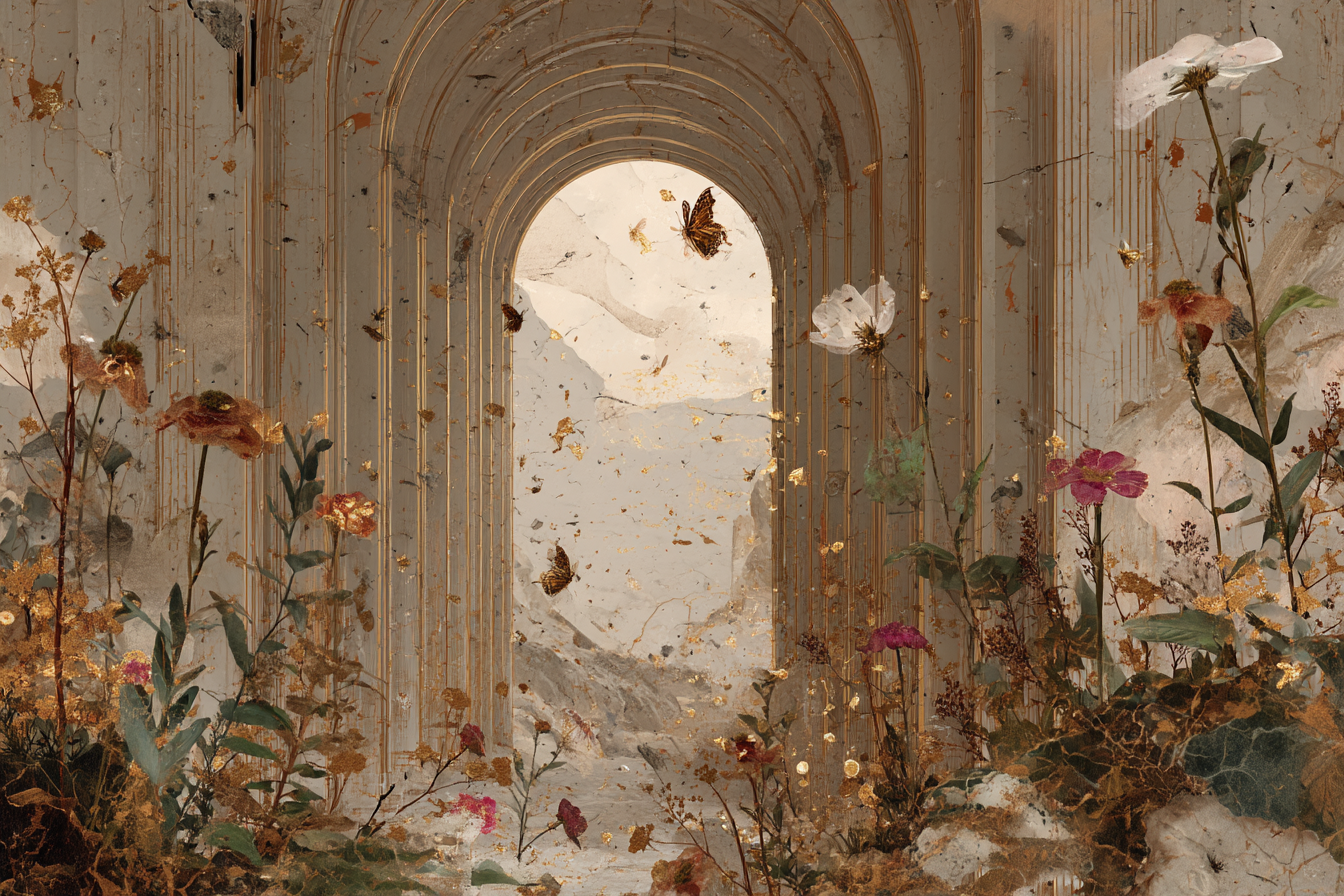 Surrealer Arkade Und Columne Umgeben Von Blumen Und Schmetterlingen | Collagen | Kunstgattungen