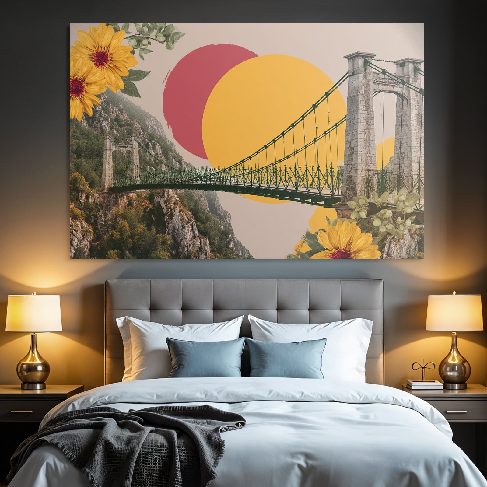 Suspendierte Bruecke Mit Bergen Bunten Kreisen Und Blumen Collage