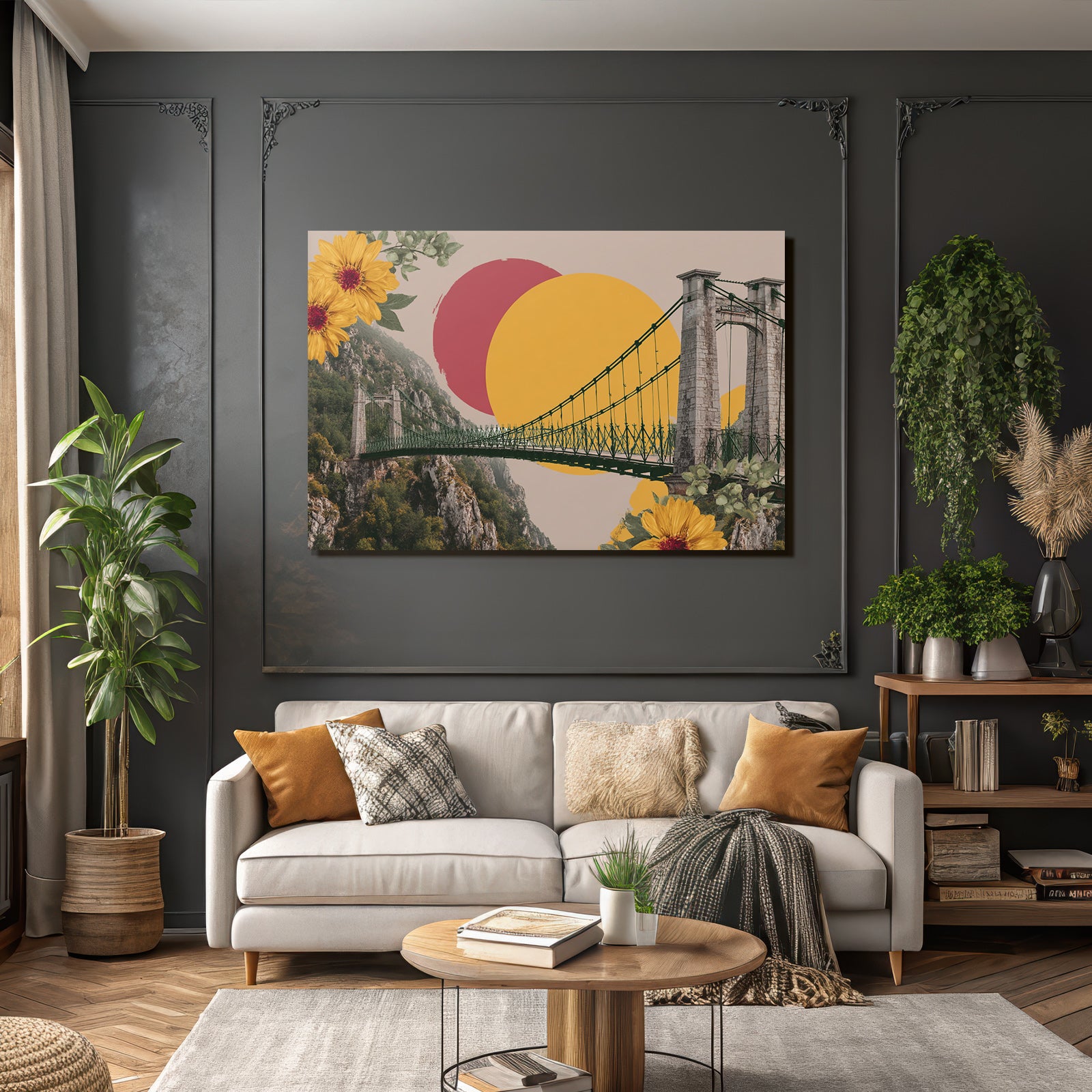 Suspendierte Bruecke Mit Bergen Bunten Kreisen Und Blumen Collage
