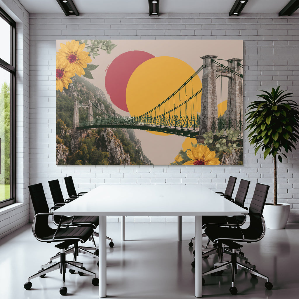 Suspendierte Bruecke Mit Bergen Bunten Kreisen Und Blumen Collage