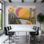 Suspendierte Bruecke Mit Bergen Bunten Kreisen Und Blumen Collage