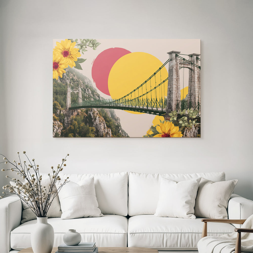 Suspendierte Bruecke Mit Bergen Bunten Kreisen Und Blumen Collage