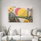 Suspendierte Bruecke Mit Bergen Bunten Kreisen Und Blumen Collage