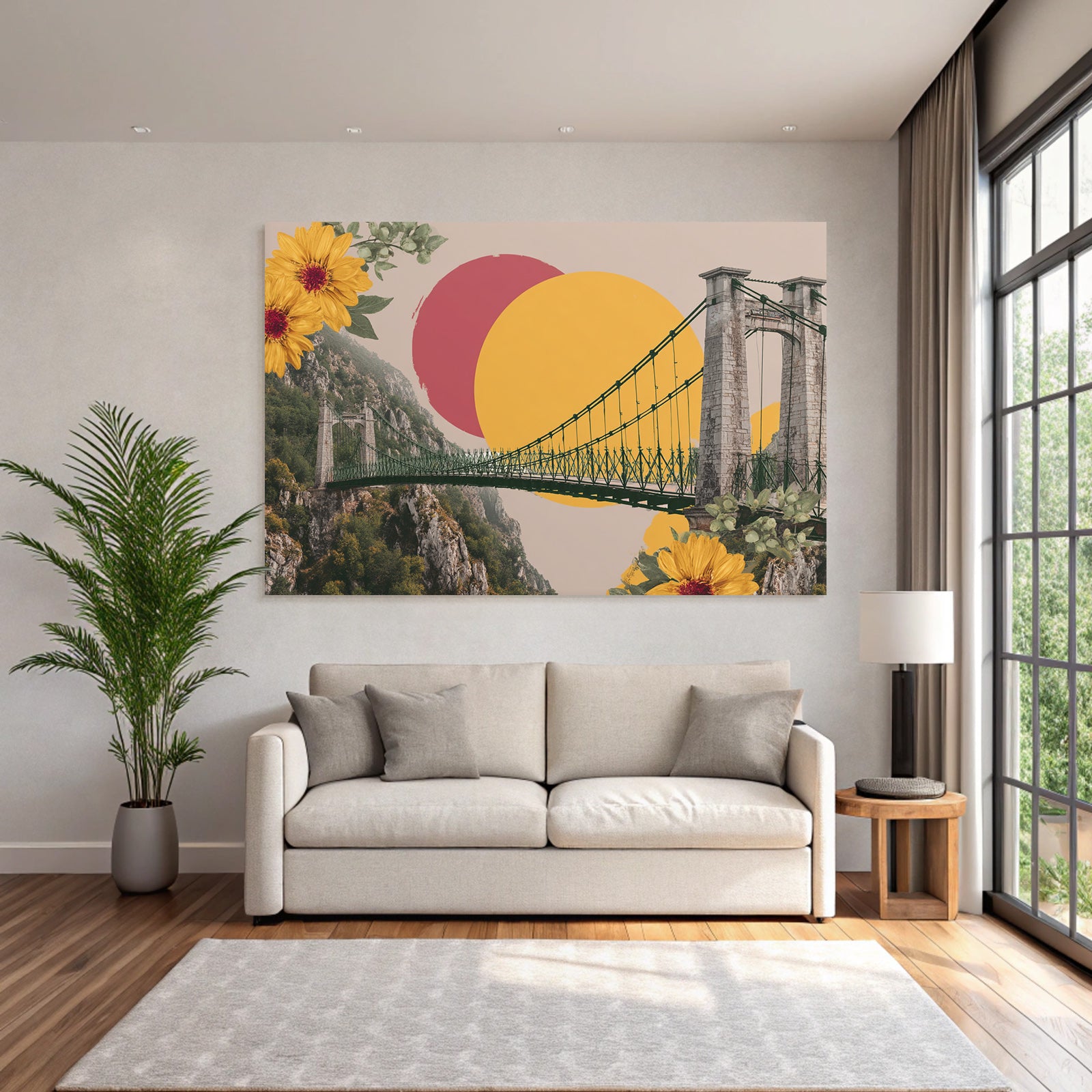 Suspendierte Bruecke Mit Bergen Bunten Kreisen Und Blumen Collage