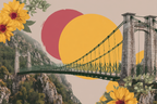 Suspendierte Bruecke Mit Bergen Bunten Kreisen Und Blumen Collage | Collagen | Kunstgattungen