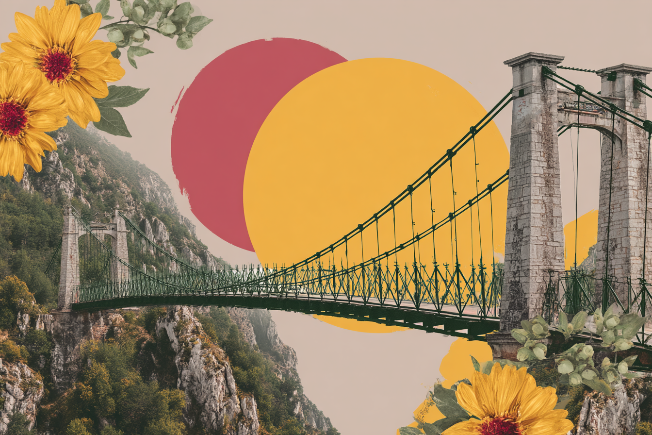 Suspendierte Bruecke Mit Bergen Bunten Kreisen Und Blumen Collage | Collagen | Kunstgattungen