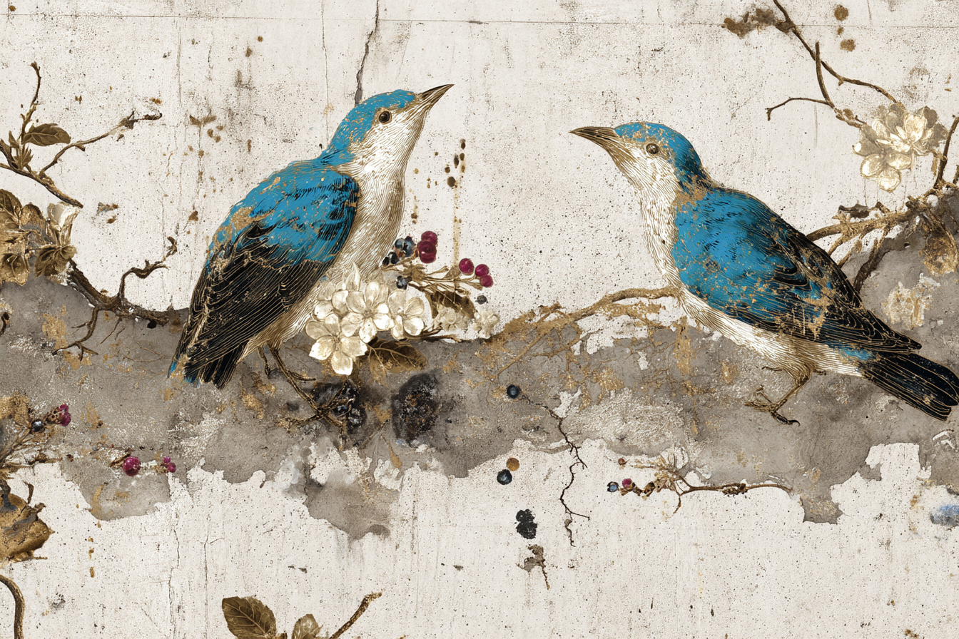 Vibrante Blaue Voegel Auf Einem Zweig Mit Blumen Und Beeren | Collagen | Kunstgattungen
