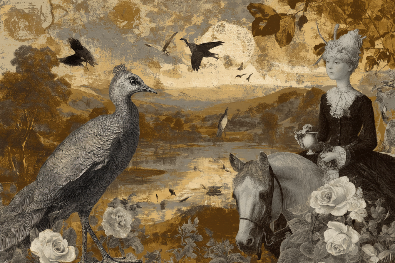 Vintage Frau Auf Pferd Mit Pavian In Surreale Landschaft | Collagen | Kunstgattungen