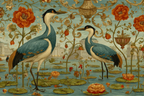Voegel Im Wasser Mit Blumen Und Stadtansicht | Collagen | Kunstgattungen